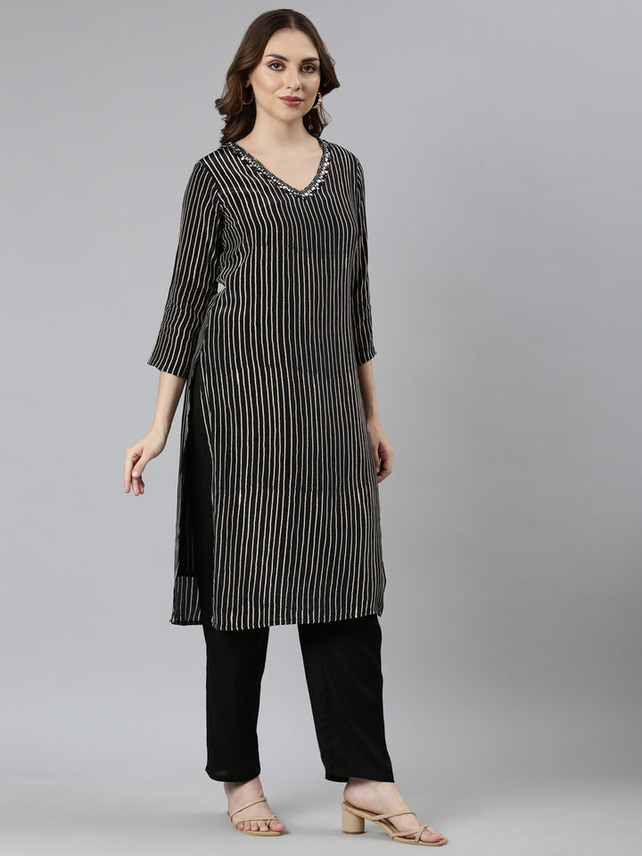 Neerus Black silk printed striped suit set - back view