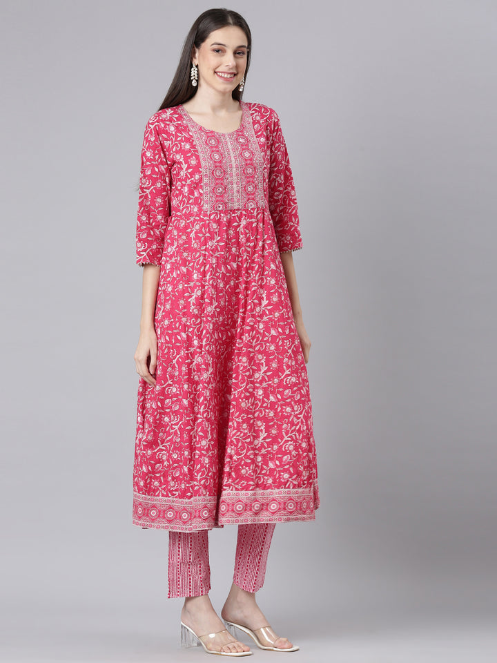 Neerus Pink Printed Anarkali Kurta and Trousers With Dupatta