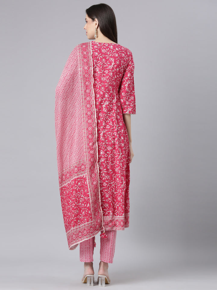 Neerus Pink Printed Anarkali Kurta and Trousers With Dupatta
