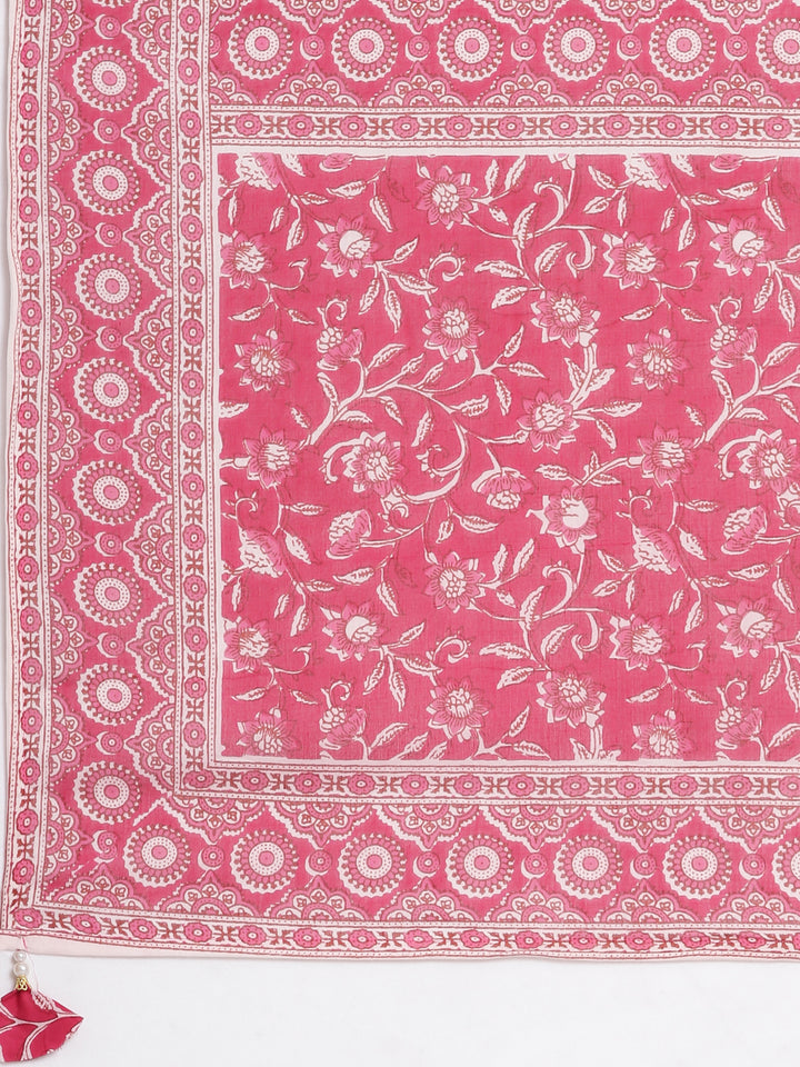 Neerus Pink Printed Anarkali Kurta and Trousers With Dupatta