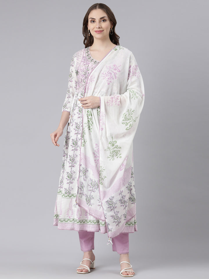 Neerus White cotton solid kurta suit set - front view