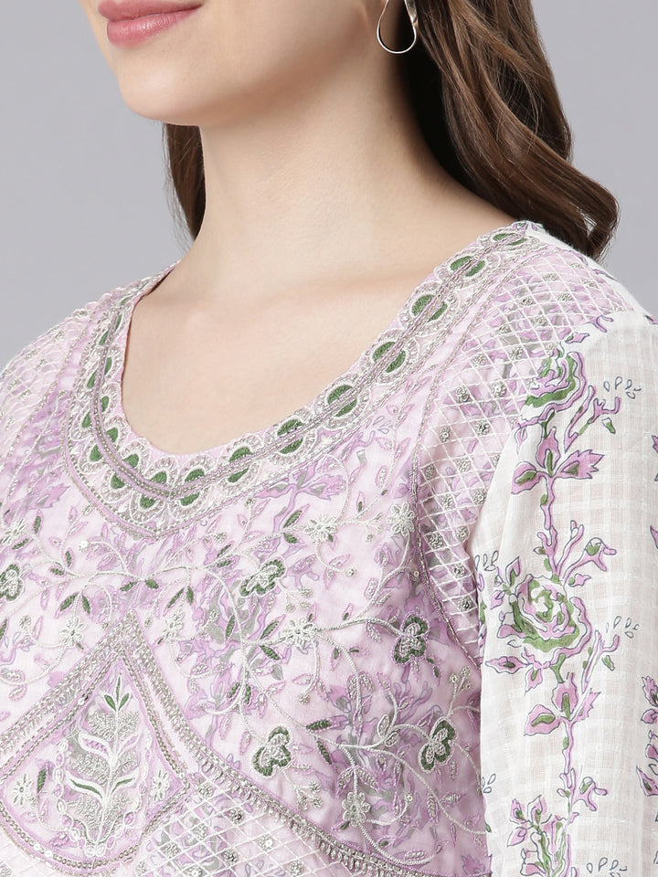 Neerus White cotton solid kurta suit set - detail view 2