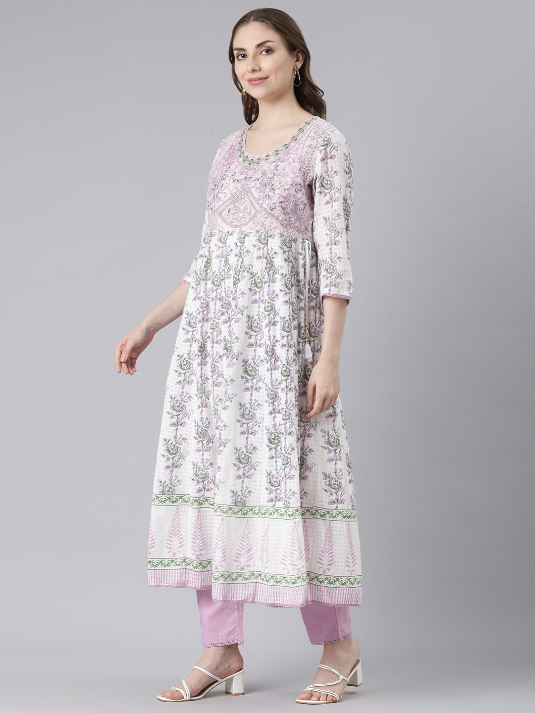 Neerus White cotton solid kurta suit set - back view