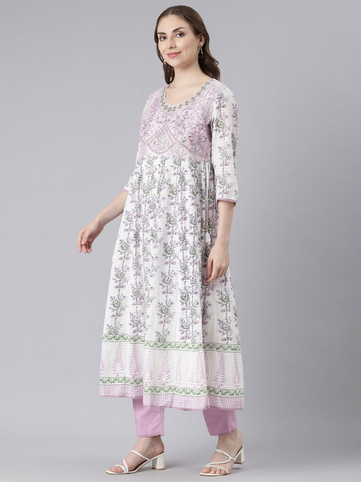 Neerus White cotton solid kurta suit set - back view