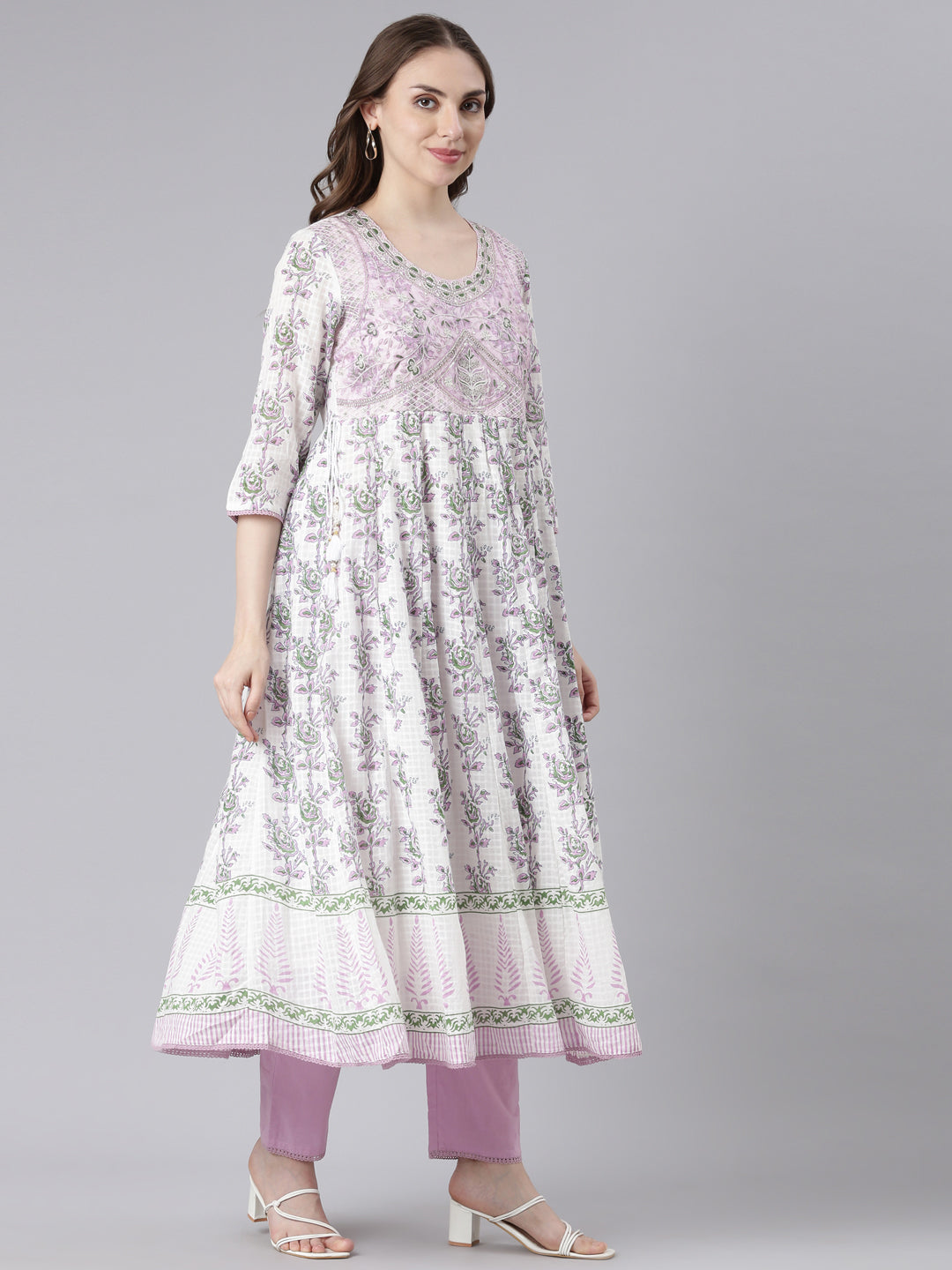 Neerus White cotton solid kurta suit set - side view