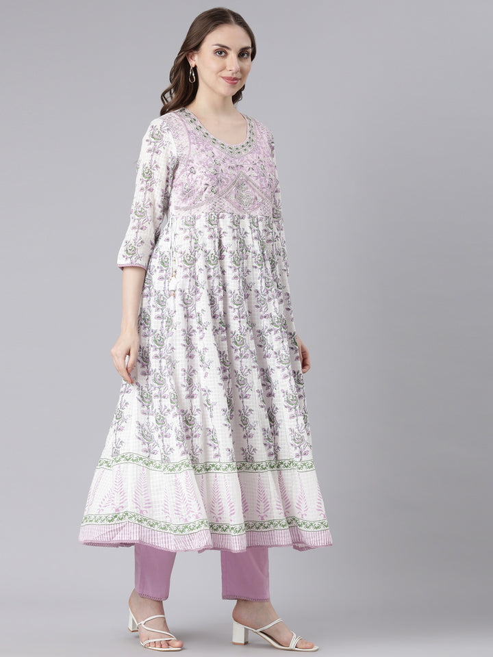 Neerus White cotton solid kurta suit set - side view