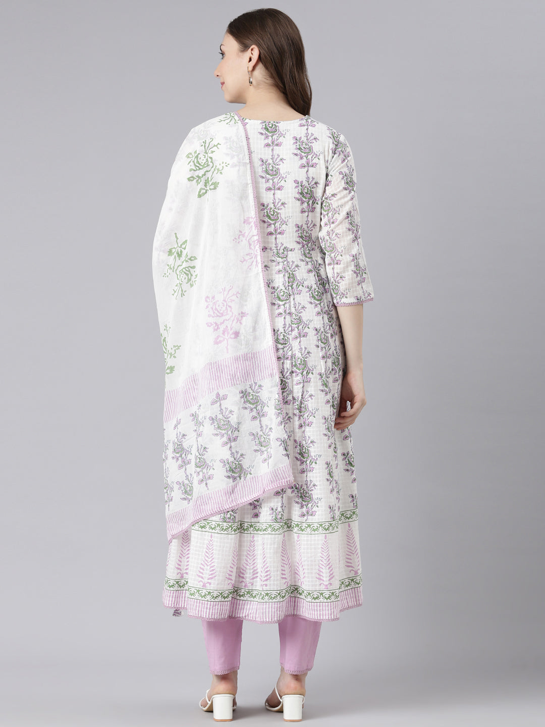 Neerus White cotton solid kurta suit set - detail view 1
