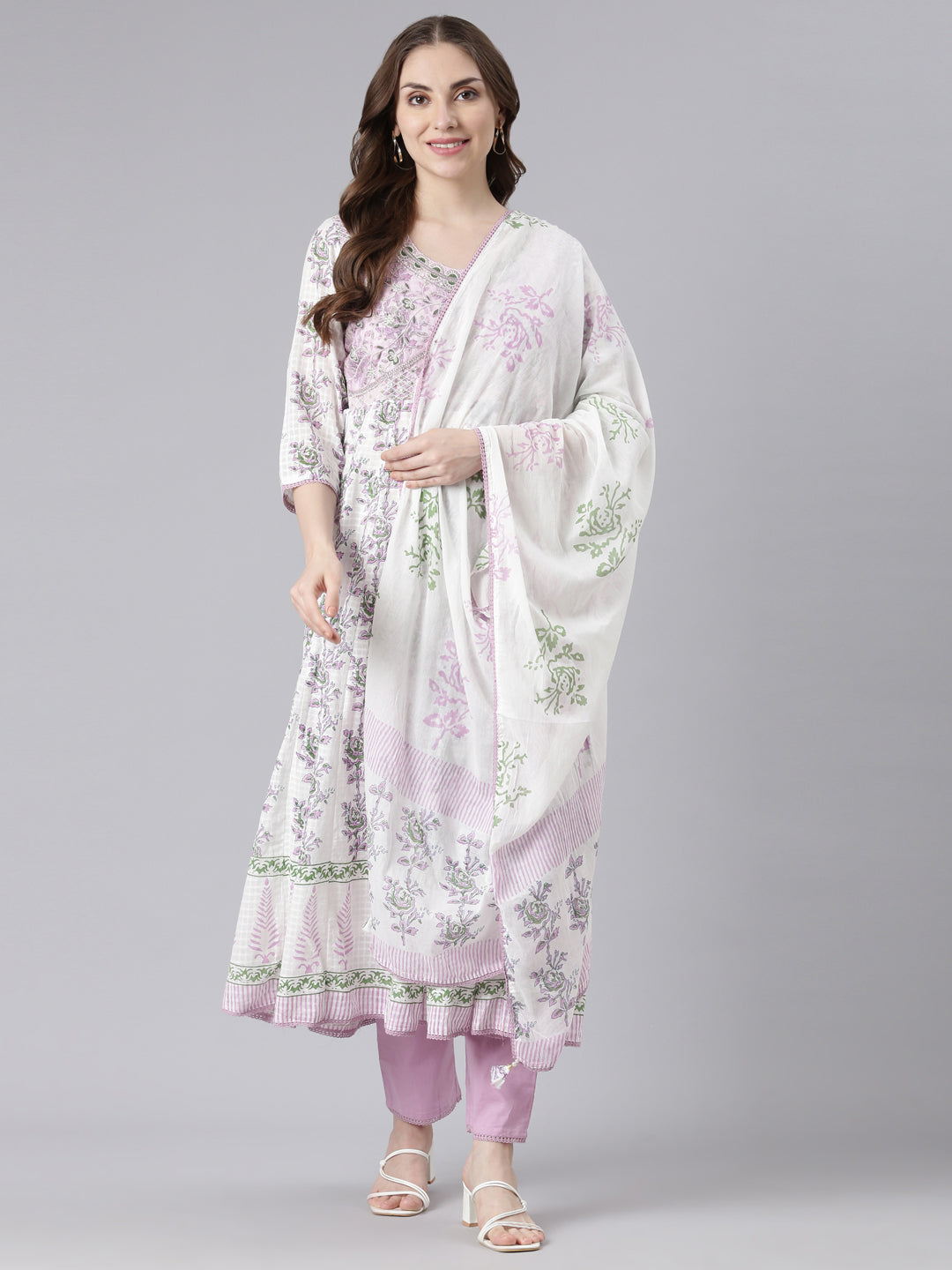 Neerus White cotton solid kurta suit set - detail view 3