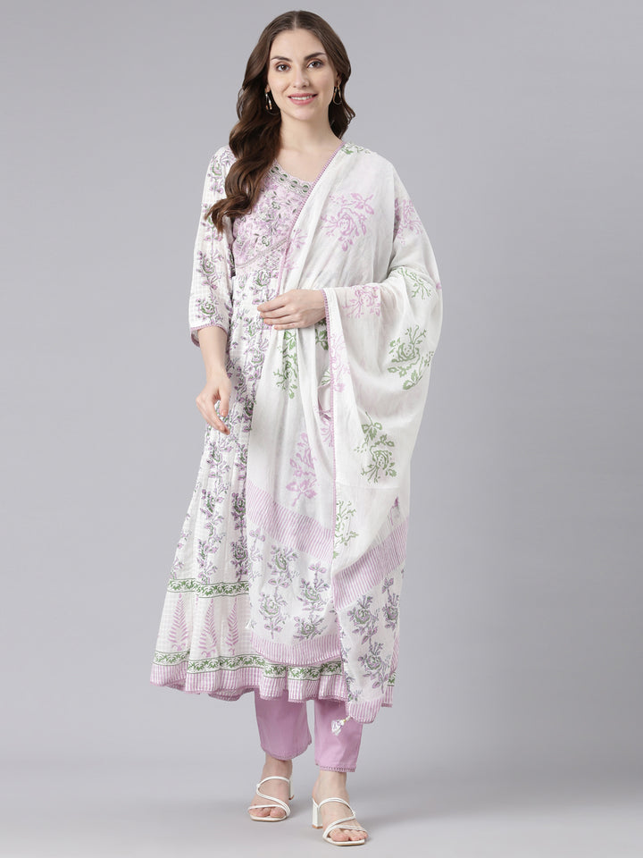 Neerus White cotton solid kurta suit set - detail view 3