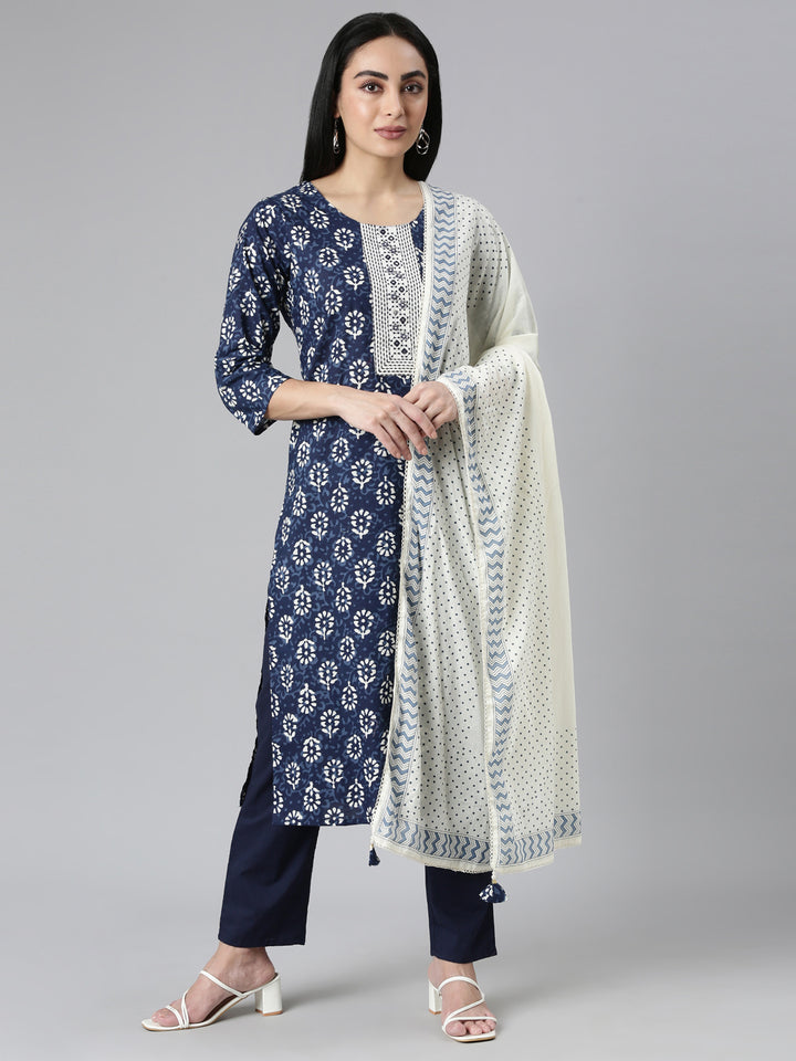 Neerus Blue Regular Straight Printed Kurta and Trousers With Dupatta