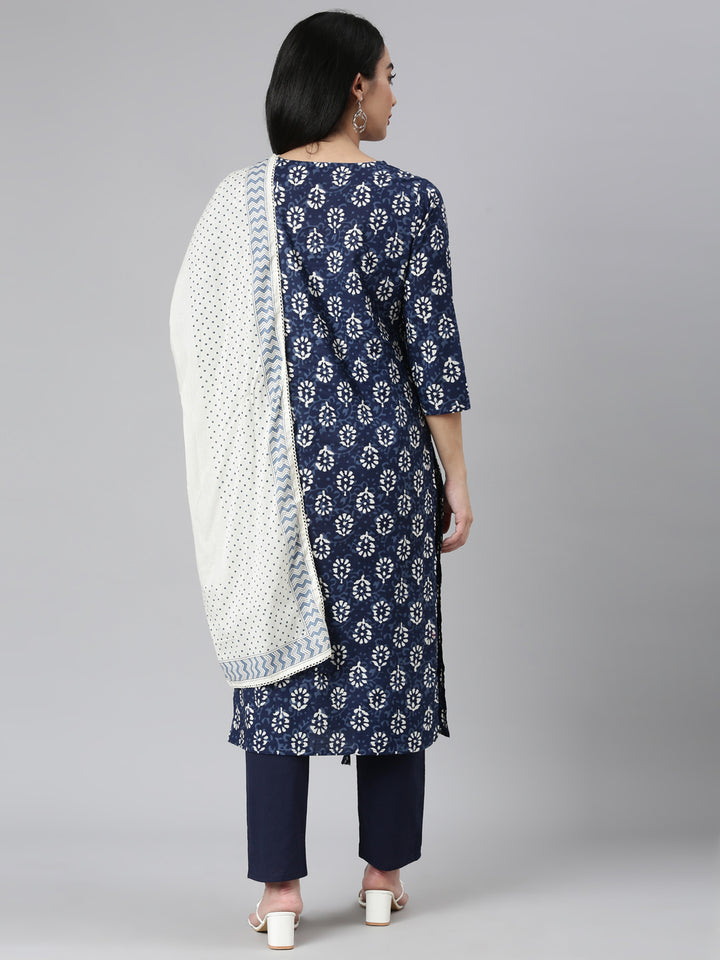 Neerus Blue Regular Straight Printed Kurta and Trousers With Dupatta