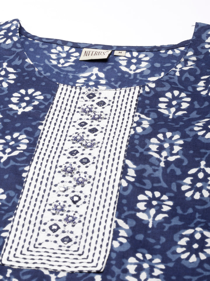 Neerus Blue Regular Straight Printed Kurta and Trousers With Dupatta