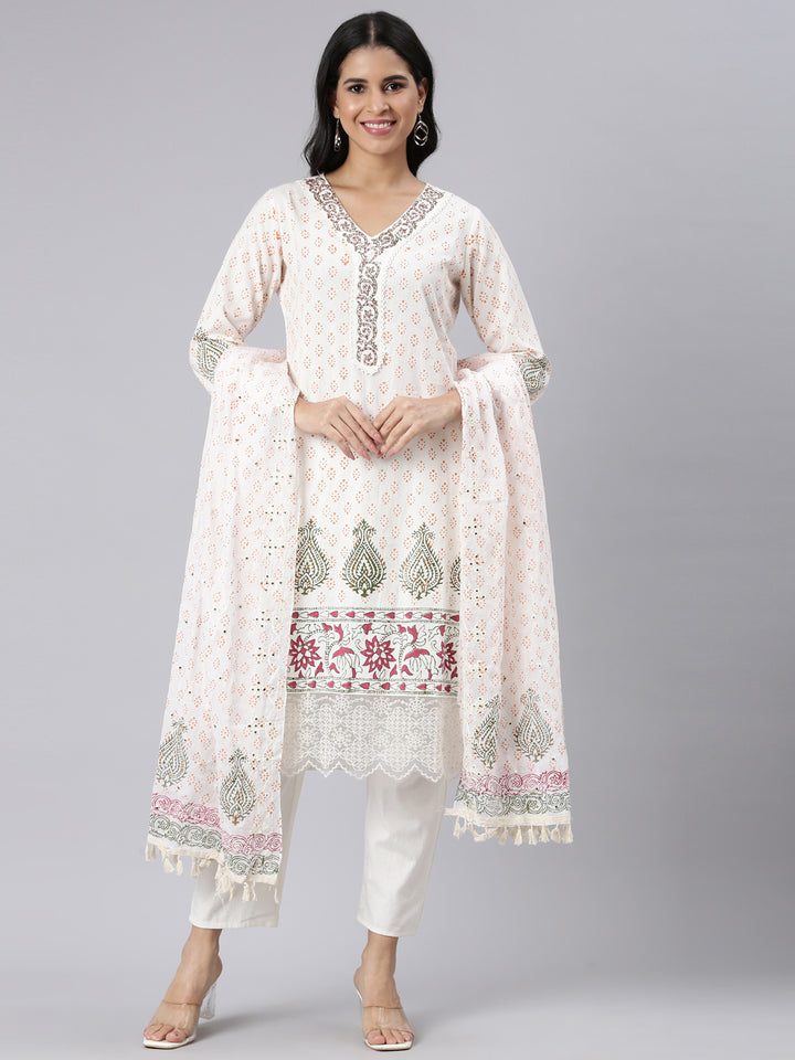 Neerus Cream Regular Straight Printed Kurta and Trousers With Dupatta
