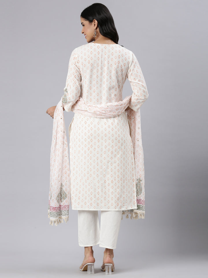 Neerus Cream Regular Straight Printed Kurta and Trousers With Dupatta