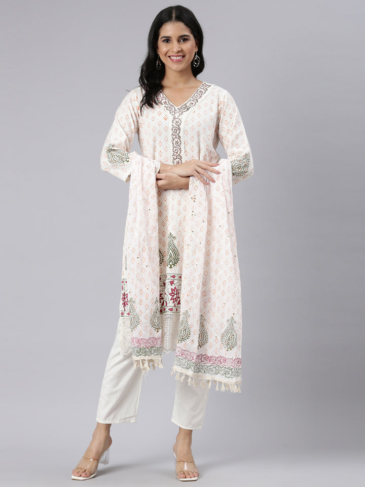 Neerus Cream Regular Straight Printed Kurta and Trousers With Dupatta