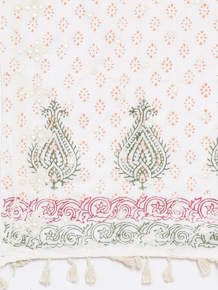 Neerus Cream Regular Straight Printed Kurta and Trousers With Dupatta