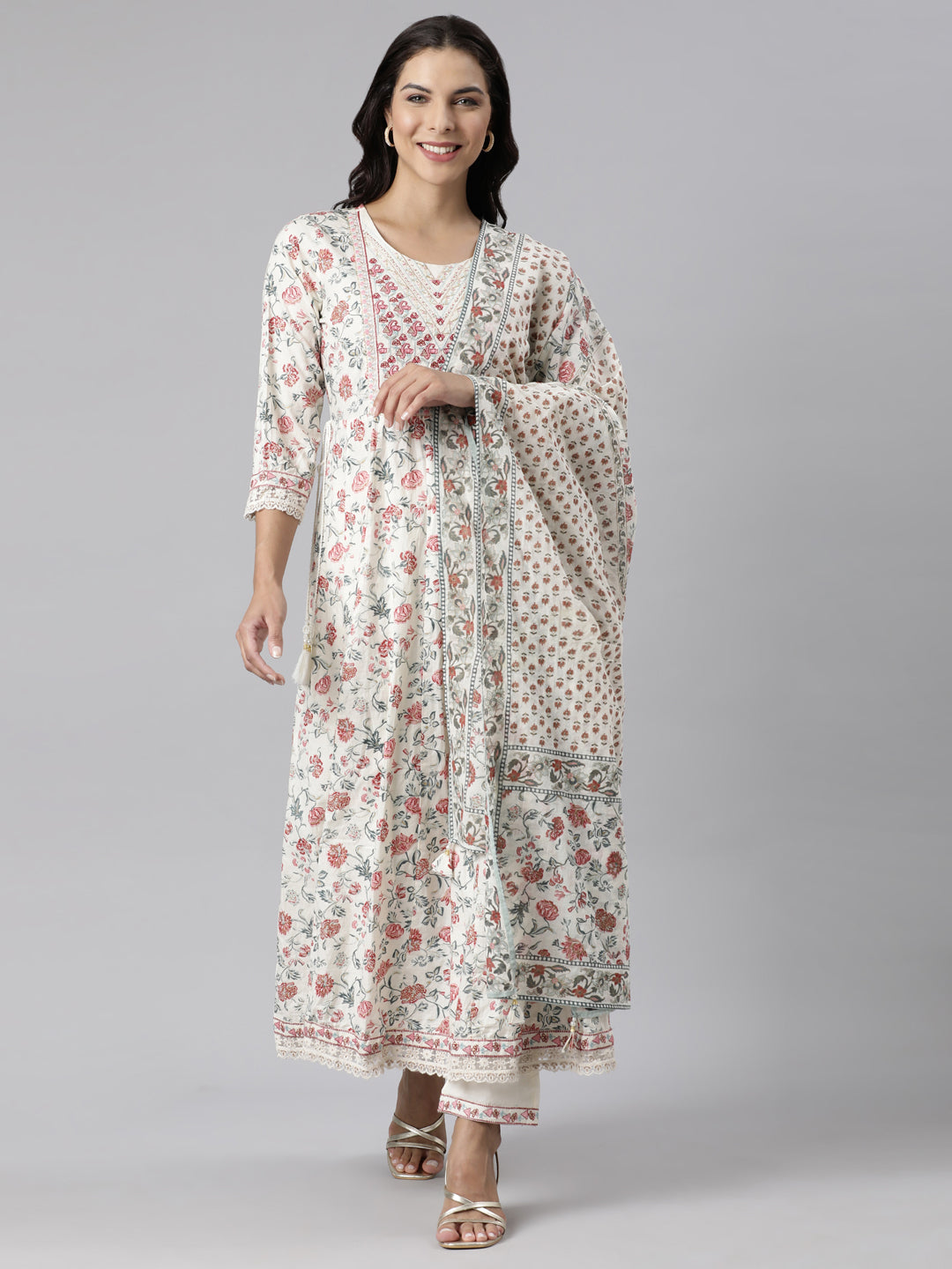 Neerus White printed straight suit set panelled kurta with trousers and dupatta - front view