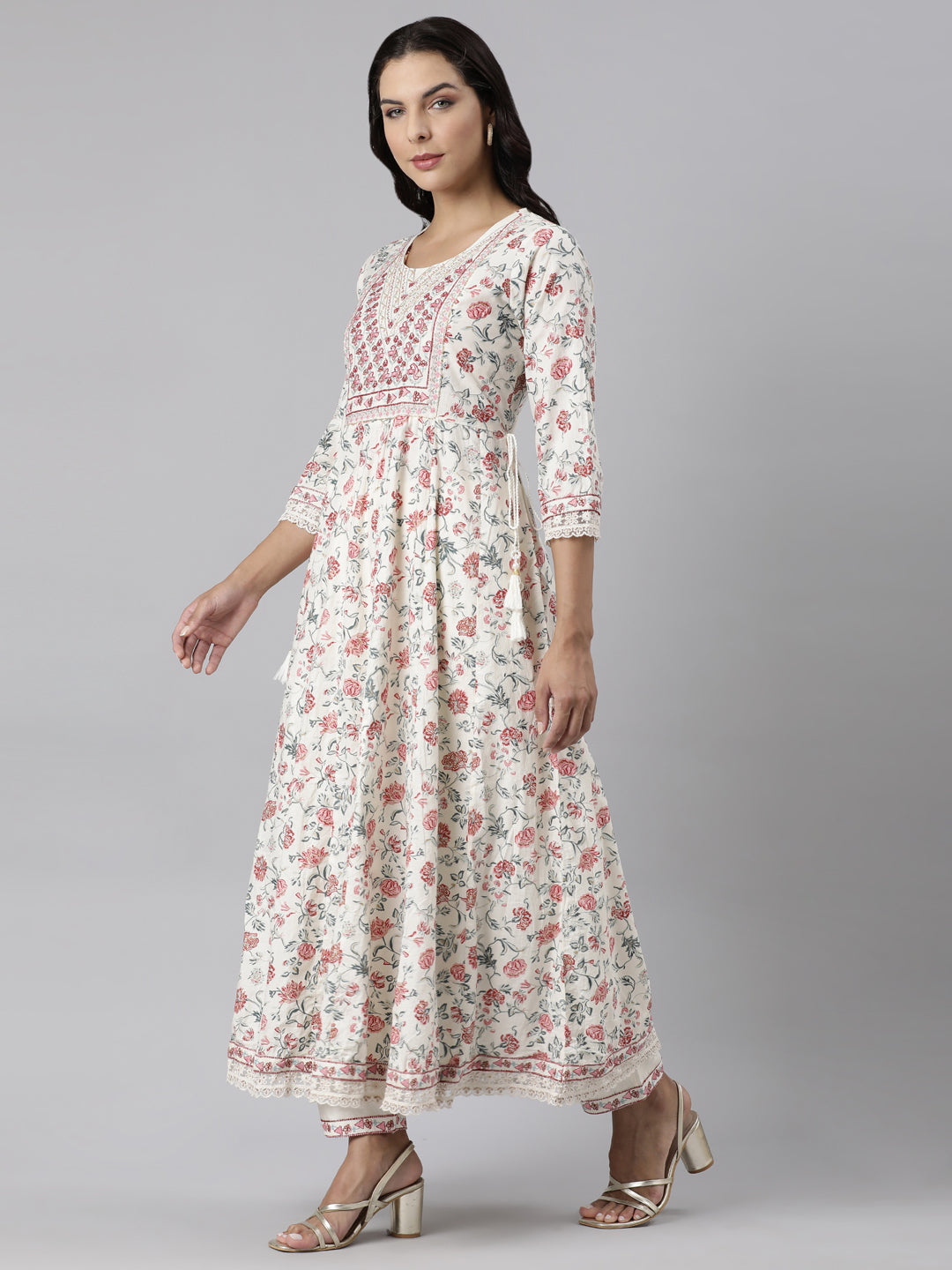 Neerus White printed straight suit set panelled kurta with trousers and dupatta - back view