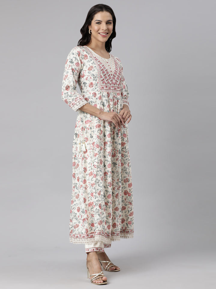 Neerus White printed straight suit set panelled kurta with trousers and dupatta - side view