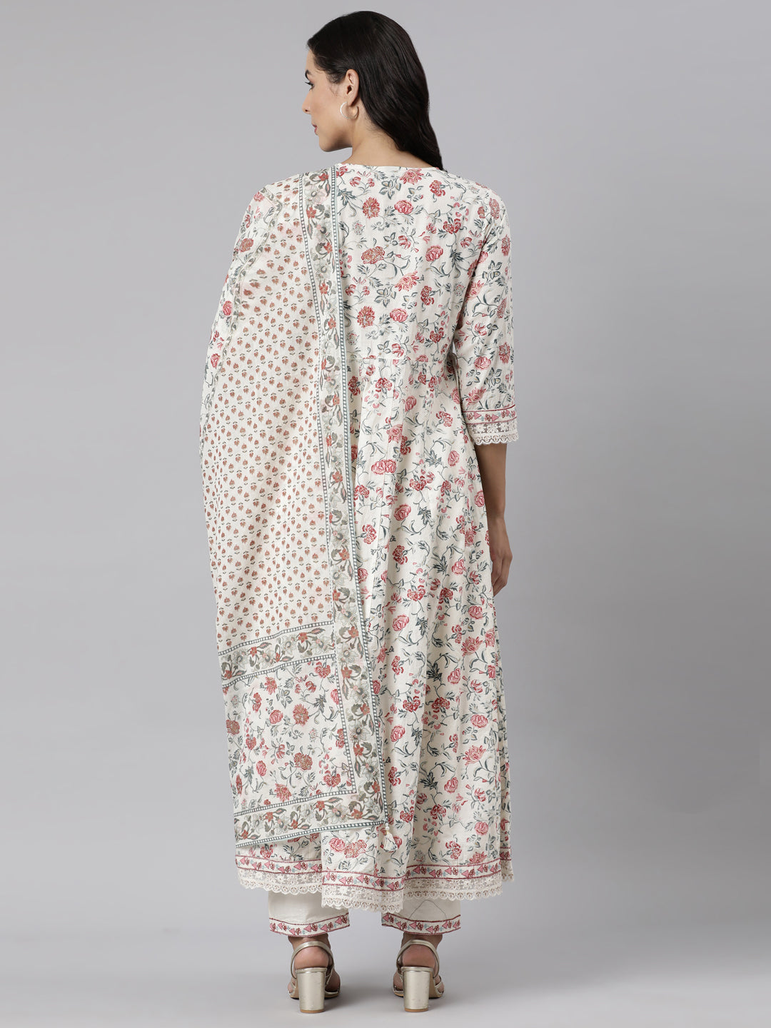 Neerus White printed straight suit set panelled kurta with trousers and dupatta - detail view 1
