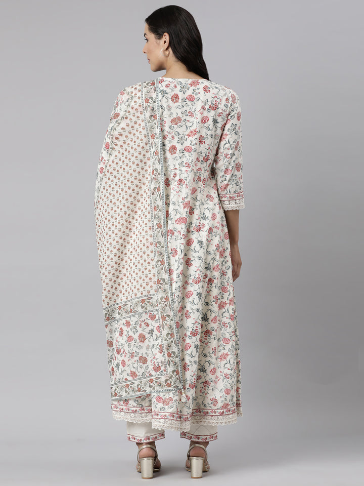 Neerus White printed straight suit set panelled kurta with trousers and dupatta - detail view 1