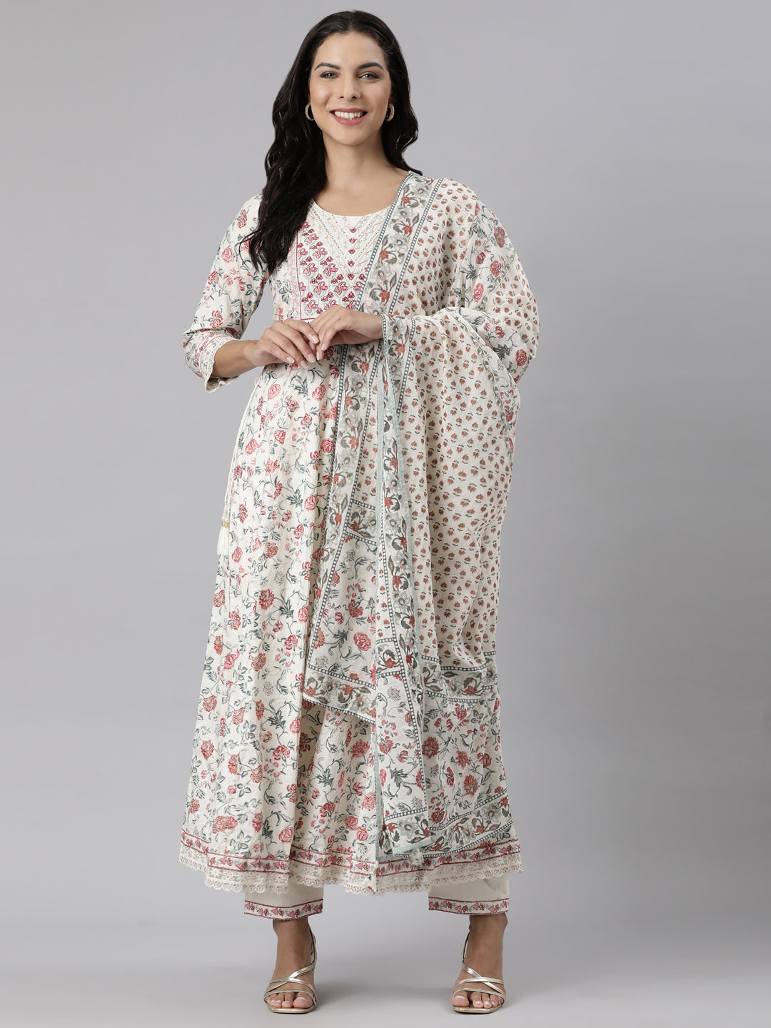 Neerus White printed straight suit set panelled kurta with trousers and dupatta - detail view 3