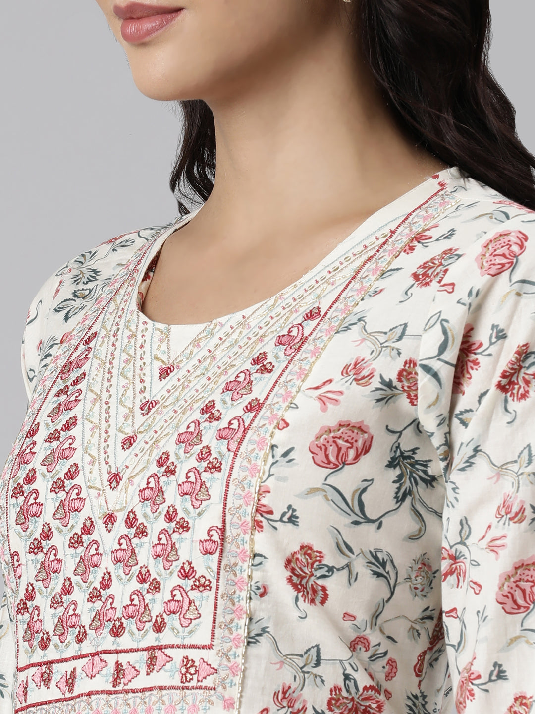 Neerus White printed straight suit set panelled kurta with trousers and dupatta - detail view 2
