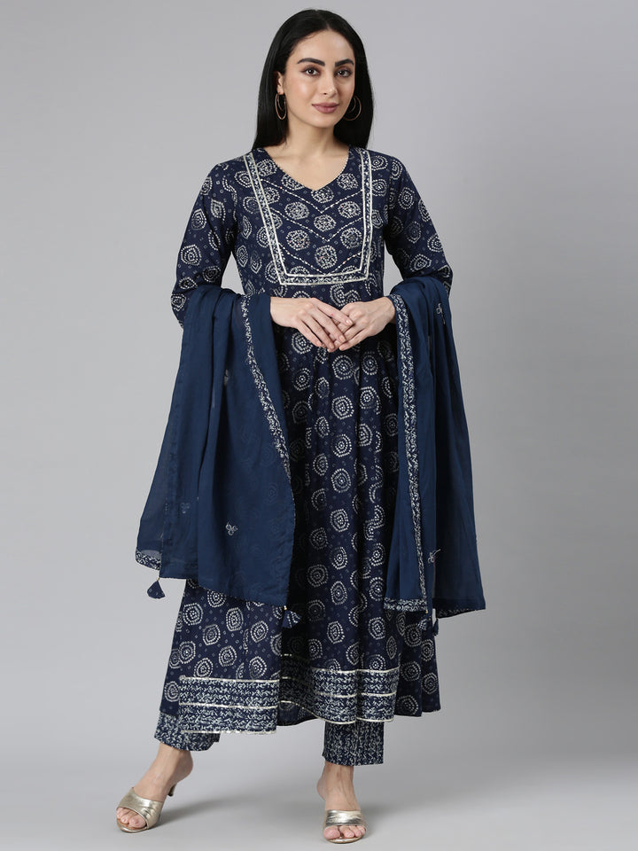 Neerus Blue cotton printed straight suit set - front view