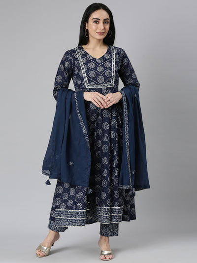 Neerus Blue Regular Straight Printed Kurta and Trousers With Dupatta
