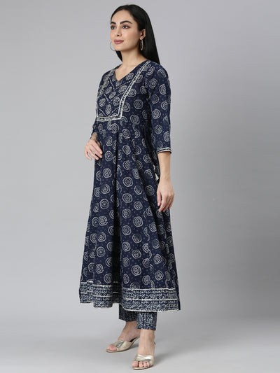 Neerus Blue Regular Straight Printed Kurta and Trousers With Dupatta