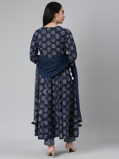Neerus Blue Regular Straight Printed Kurta and Trousers With Dupatta