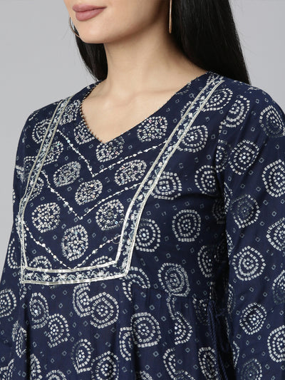 Neerus Blue Regular Straight Printed Kurta and Trousers With Dupatta
