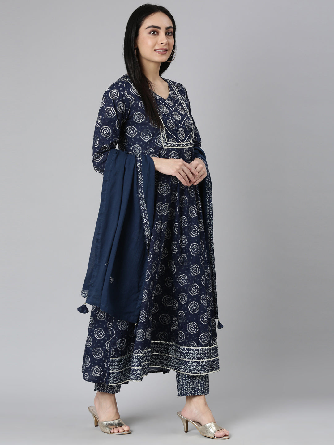 Neerus Blue Regular Straight Printed Kurta and Trousers With Dupatta