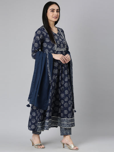 Neerus Blue Regular Straight Printed Kurta and Trousers With Dupatta