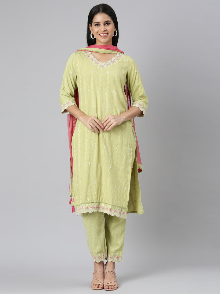 Neerus Green Regular Straight threadwork Kurta And Trousers With Dupatta