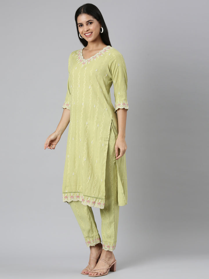 Neerus Green Regular Straight threadwork Kurta And Trousers With Dupatta