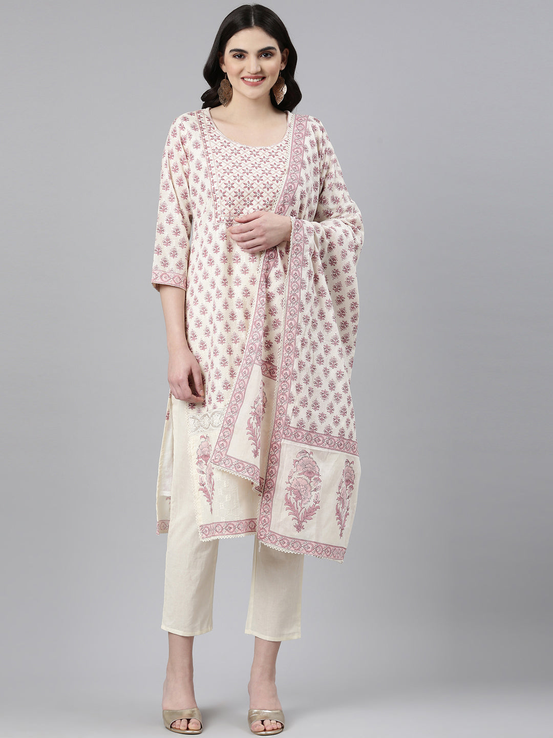 Neerus White cotton printed kurta set with dupatta - front view