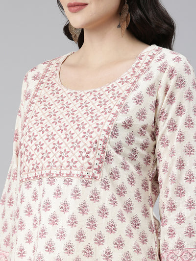 Neerus Cream Regular Straight Printed Kurta And Trousers With Dupatta