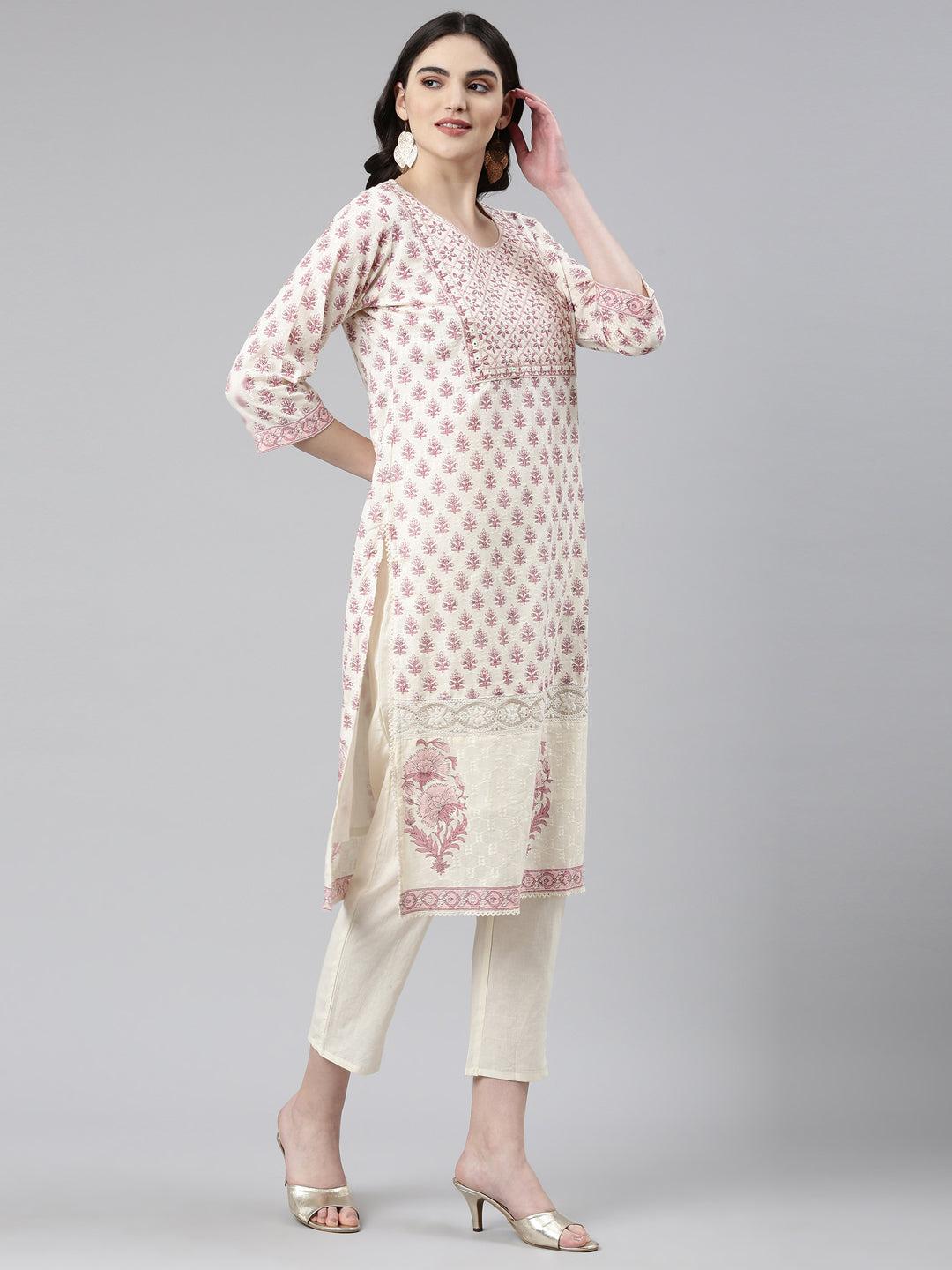 Neerus White cotton printed kurta set with dupatta - back view
