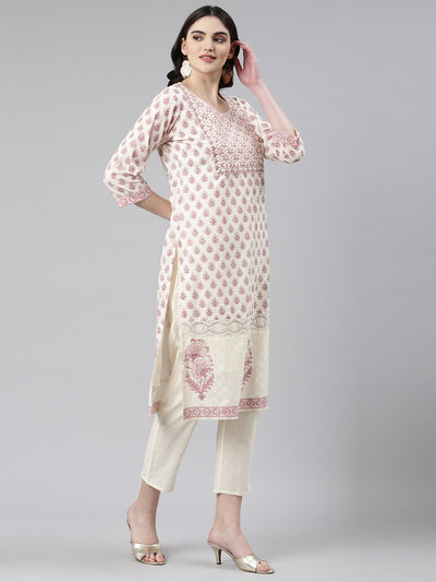 Neerus Cream Regular Straight Printed Kurta And Trousers With Dupatta