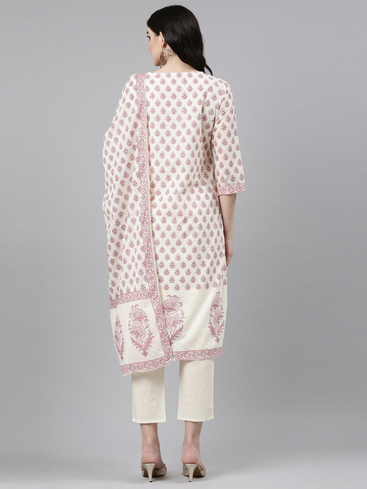 Neerus White cotton printed kurta set with dupatta - side view