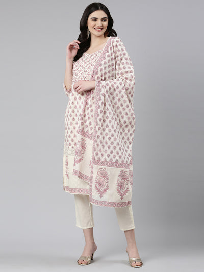 Neerus Cream Regular Straight Printed Kurta And Trousers With Dupatta
