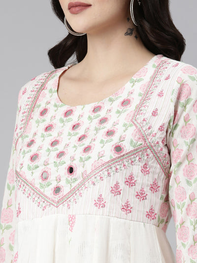 Neerus White Pleated Anarkali Printed Kurta And Trousers With Dupatta