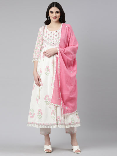 Neerus White Pleated Anarkali Printed Kurta And Trousers With Dupatta