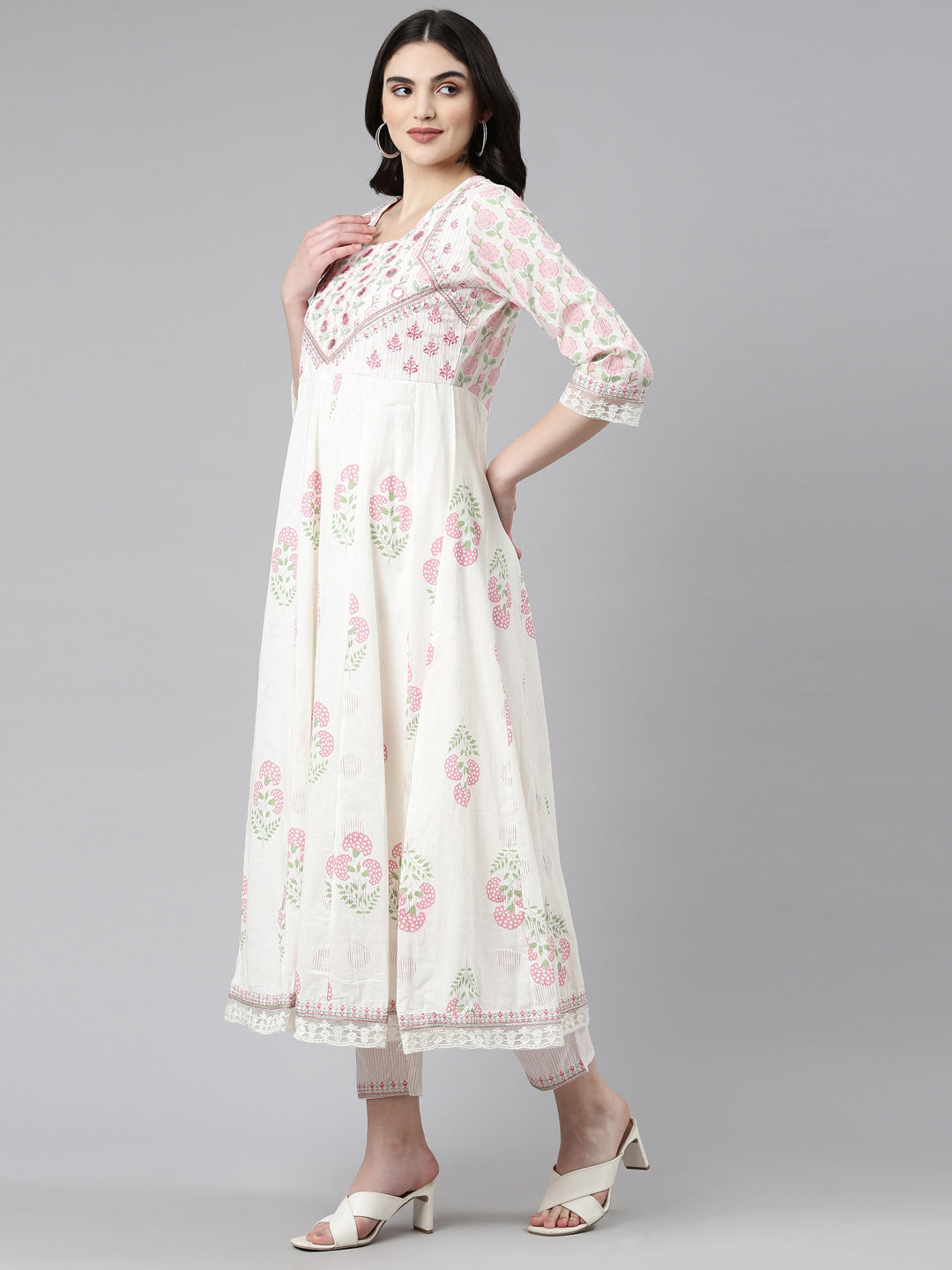 Neerus White Pleated Anarkali Printed Kurta And Trousers With Dupatta