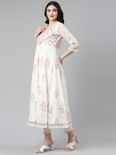 Neerus White Pleated Anarkali Printed Kurta And Trousers With Dupatta