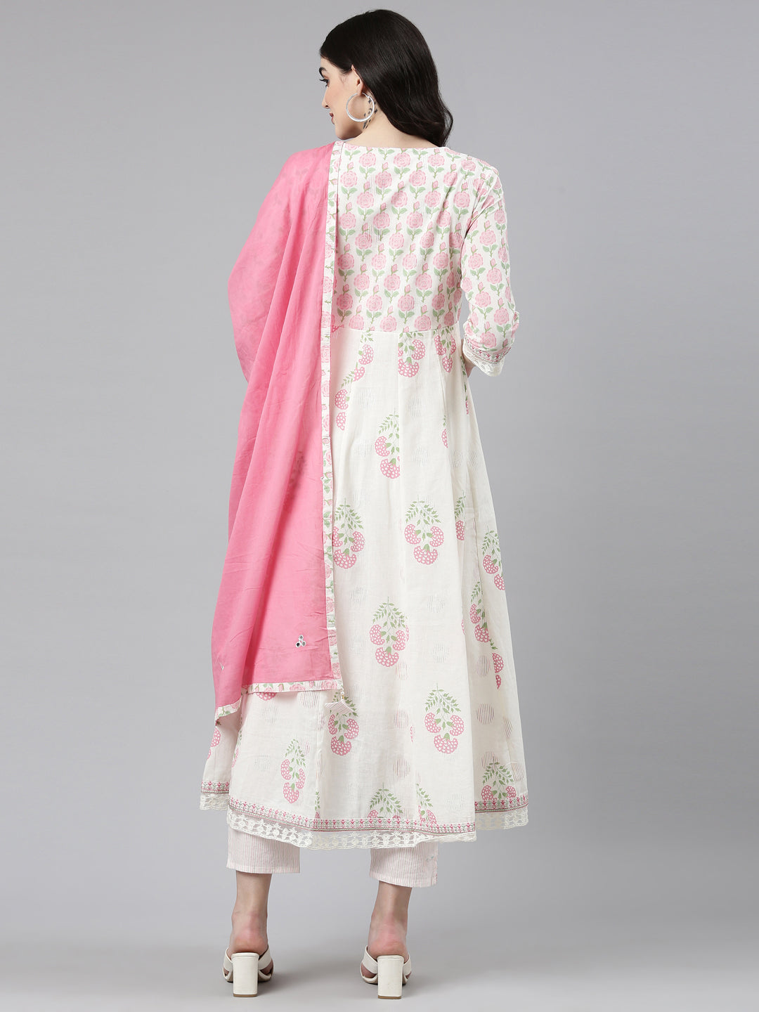 Neerus White Pleated Anarkali Printed Kurta And Trousers With Dupatta
