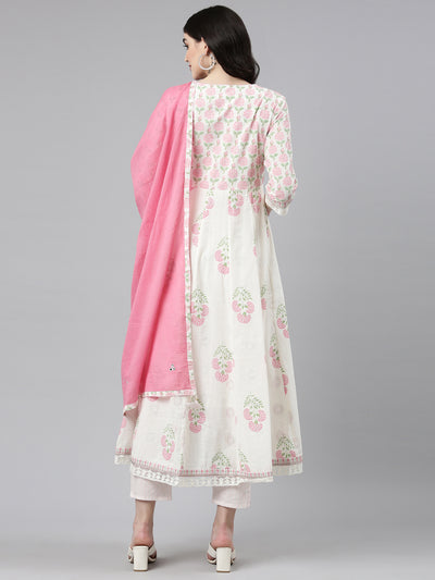 Neerus White Pleated Anarkali Printed Kurta And Trousers With Dupatta