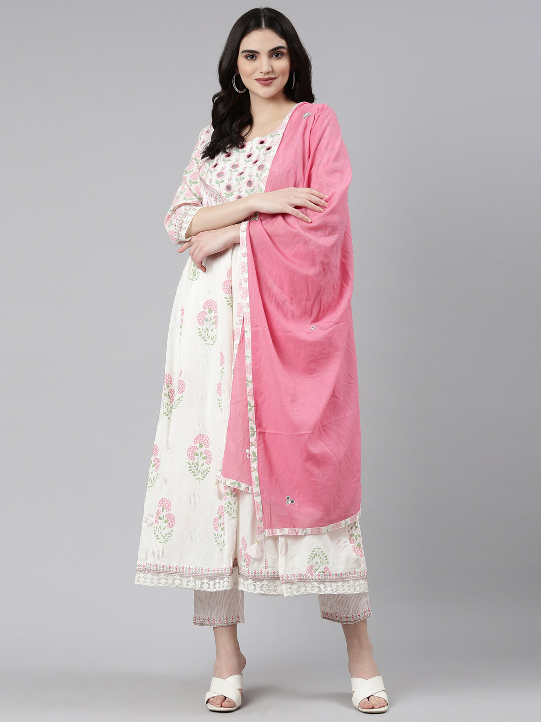 Neerus White Pleated Anarkali Printed Kurta And Trousers With Dupatta