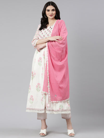 Neerus White Pleated Anarkali Printed Kurta And Trousers With Dupatta